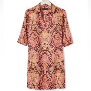 Banana Republic 8 Tunic Shirt Dress Elbow Sleeve Collar Pocket Paisley Burgundy